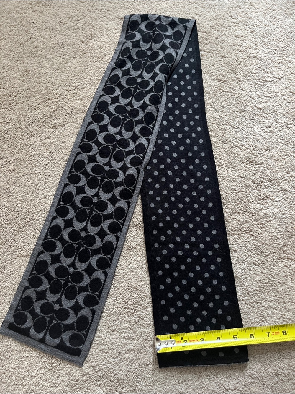 Coach Black and Gray Reversible Logo & Polka Dot Scarf